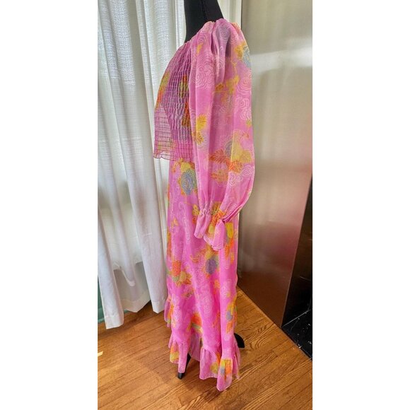 Vintage 70s two pieces set, pink, orange, yellow floral smocked bodice, maxi - Picture 3 of 10